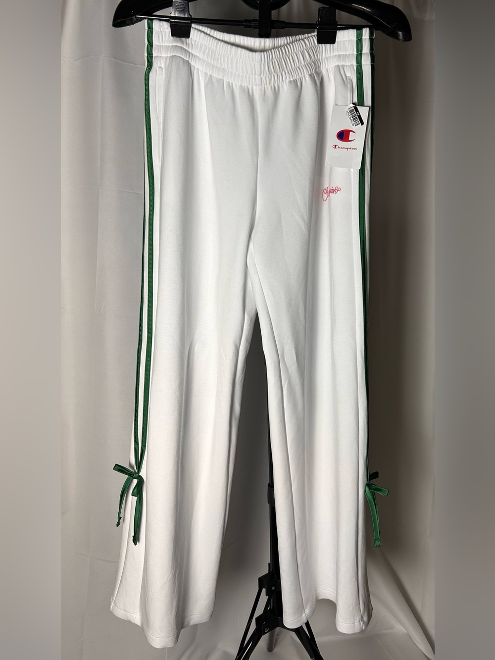 Champion White Track Pants with Green Side Stripes